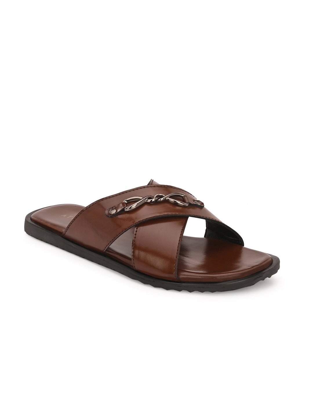 

ATTITUDIST Men Buckled Cross Over Sliders, Brown