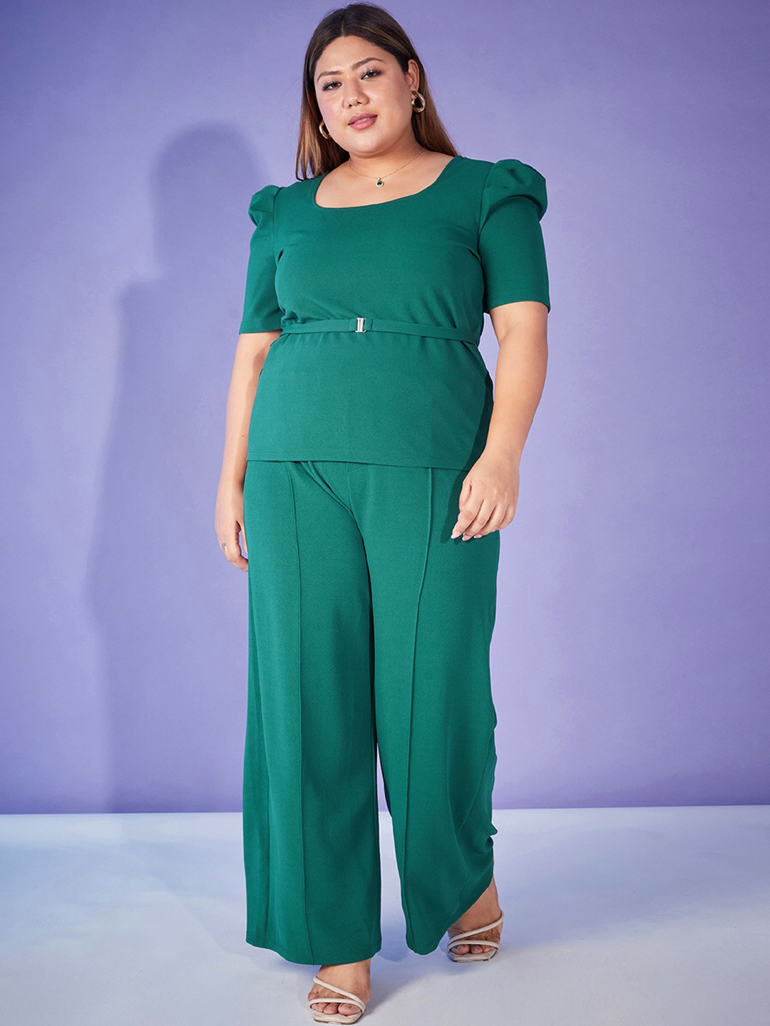 

SASSAFRAS Curve Green Plus Size Self-Design Top Wit Trouser Co-Ords