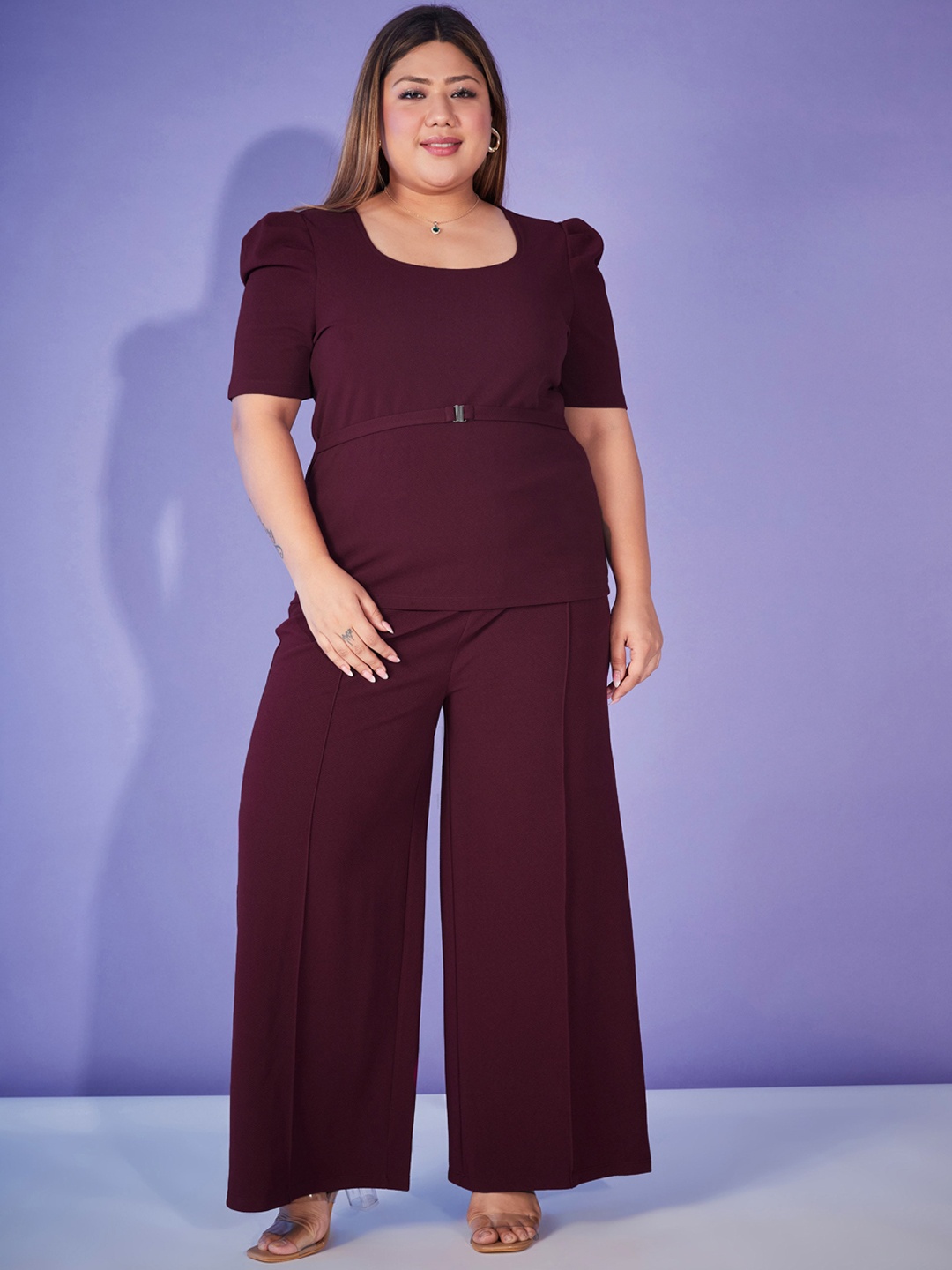 

SASSAFRAS Curve Burgundy Plus Size Self-Design Top Wit Trouser Co-Ords