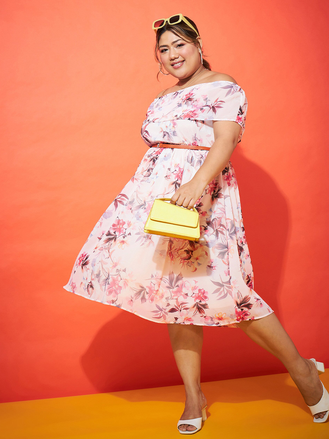 

SASSAFRAS Curve Plus Size Pink Floral Printed Off Shoulder Fit & Flare Dress