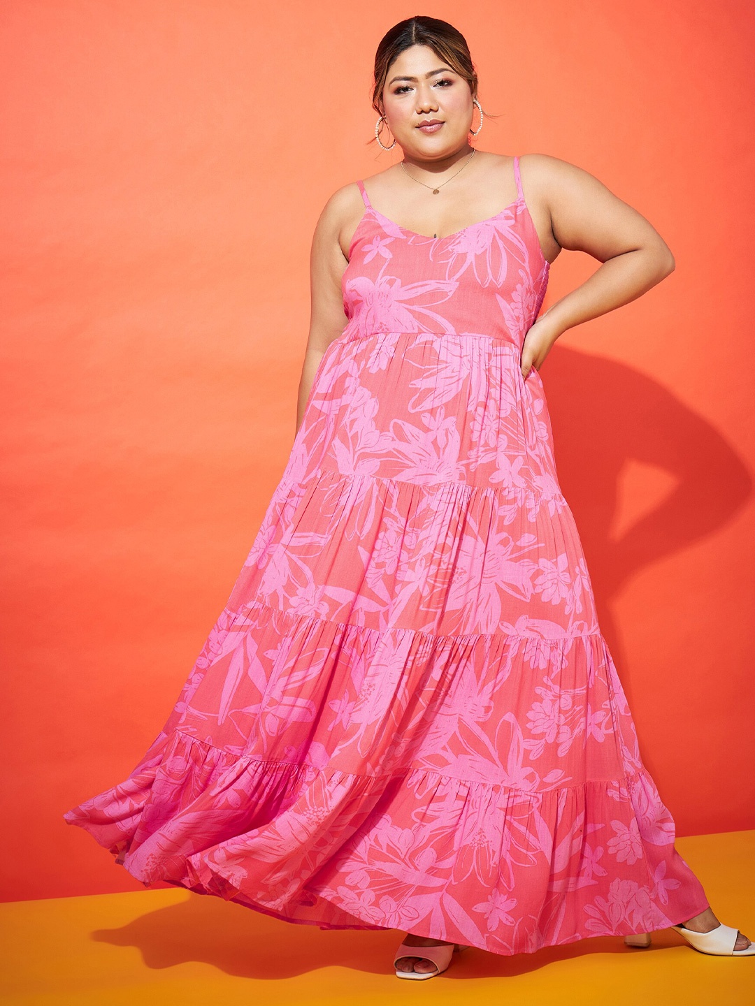 

SASSAFRAS Curve Plus Size Pink Floral Printed Shoulder Straps Smocked & Tiered Maxi Dress