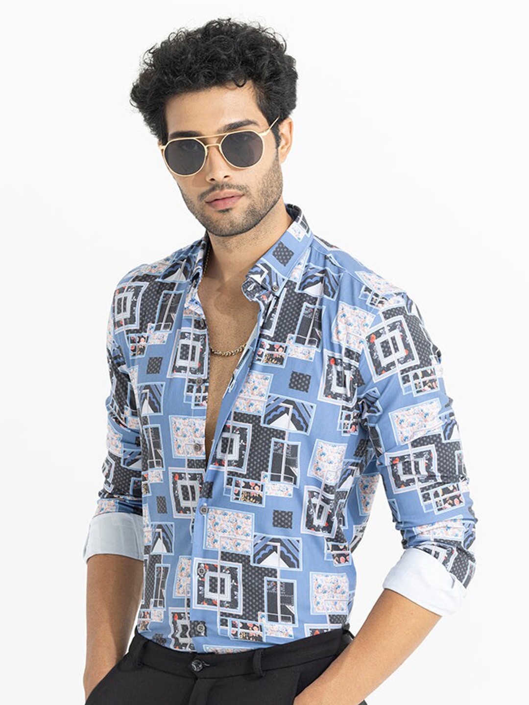 

Snitch Blue Classic Slim Fit Opaque Printed Casual Shirt