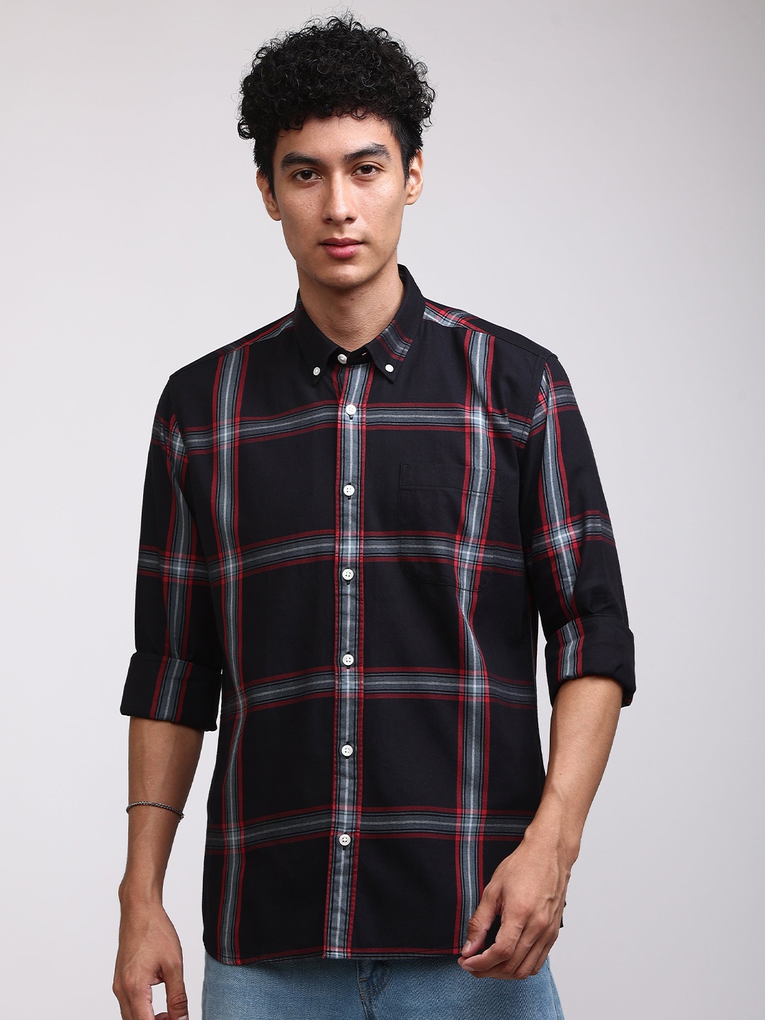 

Snitch Black Tartan Checks Checked Button-Down Collar Classic Slim Fit Cotton Casual Shirt