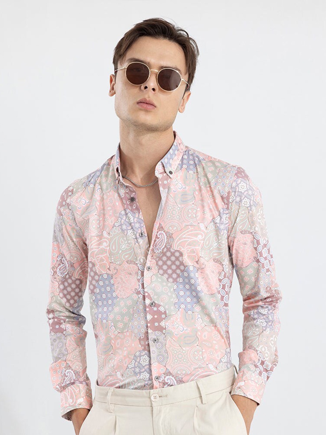 

Snitch Pink Classic Slim Fit Opaque Printed Casual Shirt