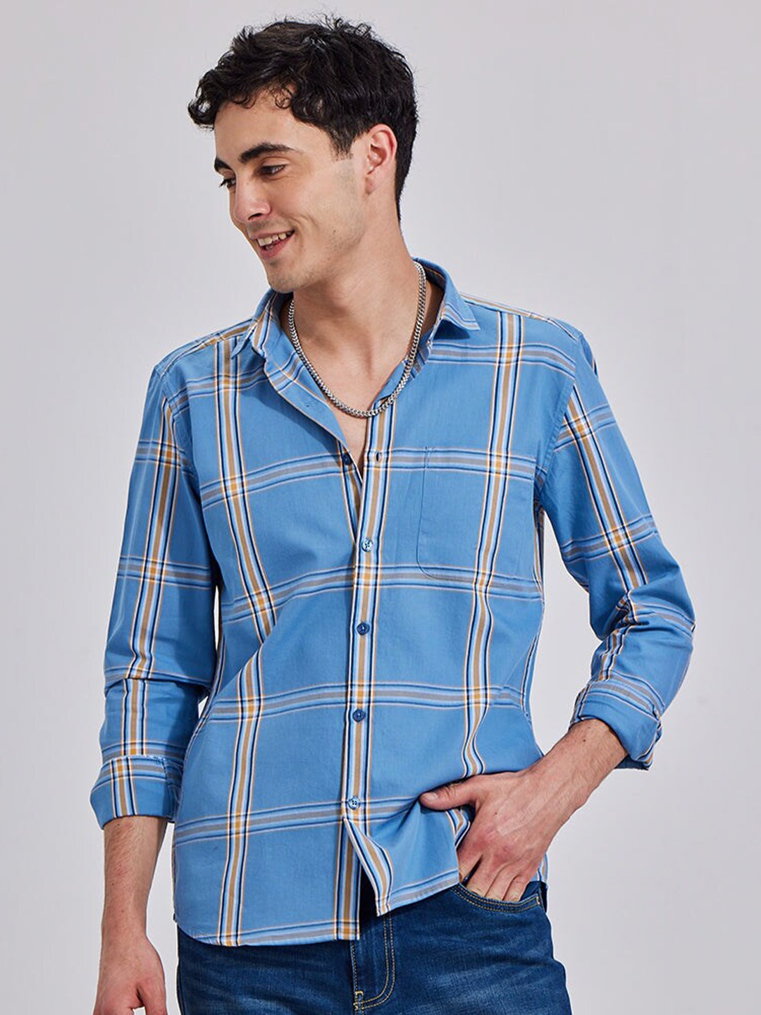 

Snitch Blue Checked Classic Slim Fit Cotton Casual Shirt
