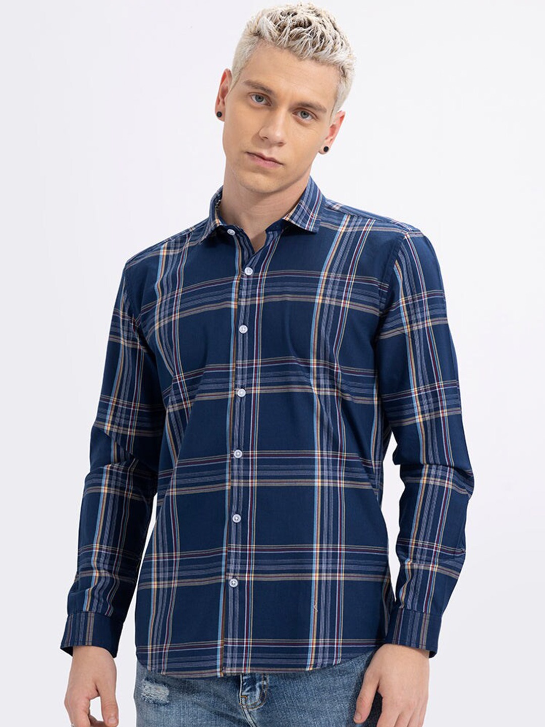 

Snitch Blue Tartan Checks Checked Classic Slim Fit Cotton Casual Shirt