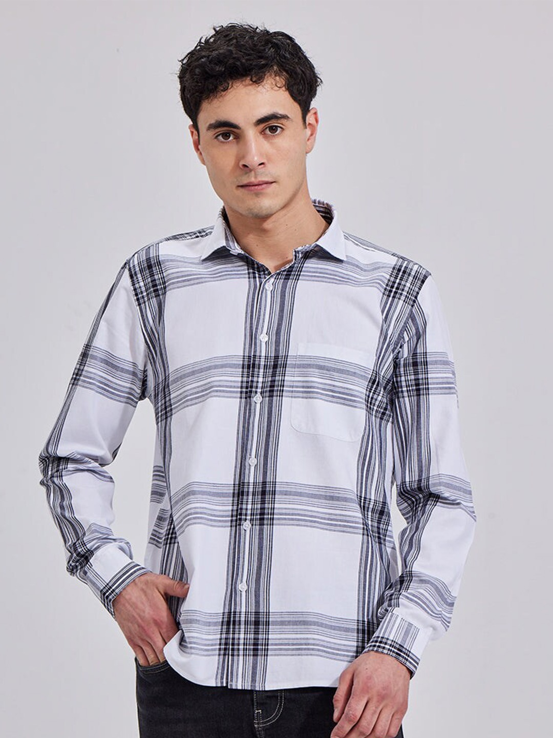 

Snitch White Tartan Checks Checked Classic Slim Fit Cotton Casual Shirt