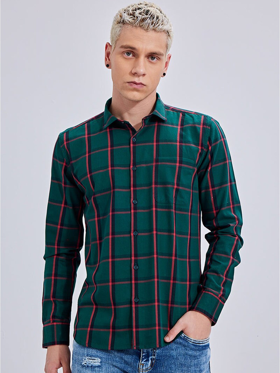 

Snitch Green Classic Slim Fit Opaque Checked Pure Cotton Casual Shirt