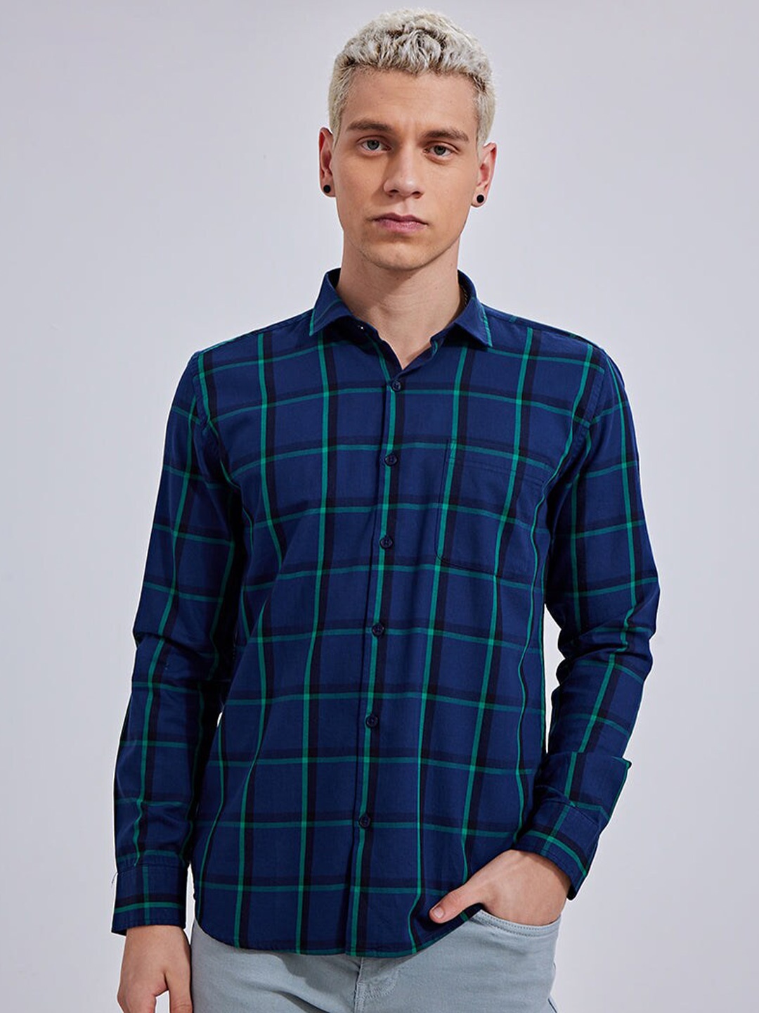 

Snitch Blue Checked Classic Slim Fit Cotton Casual Shirt