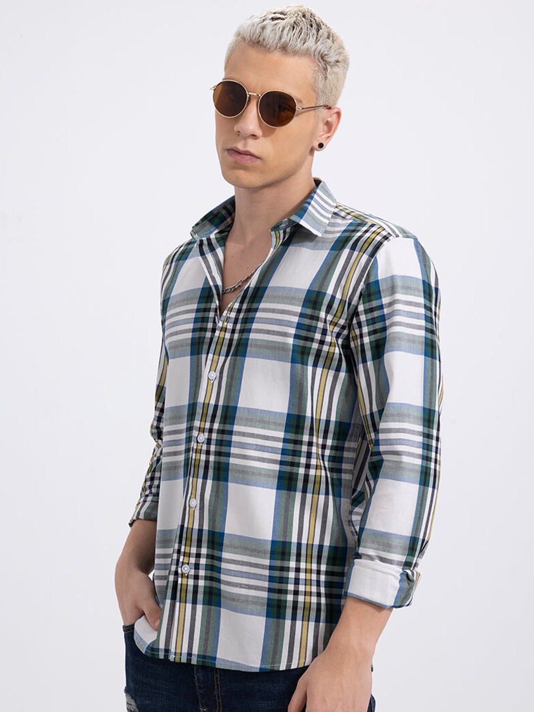 

Snitch Green Tartan Checks Checked Classic Slim Fit Cotton Casual Shirt