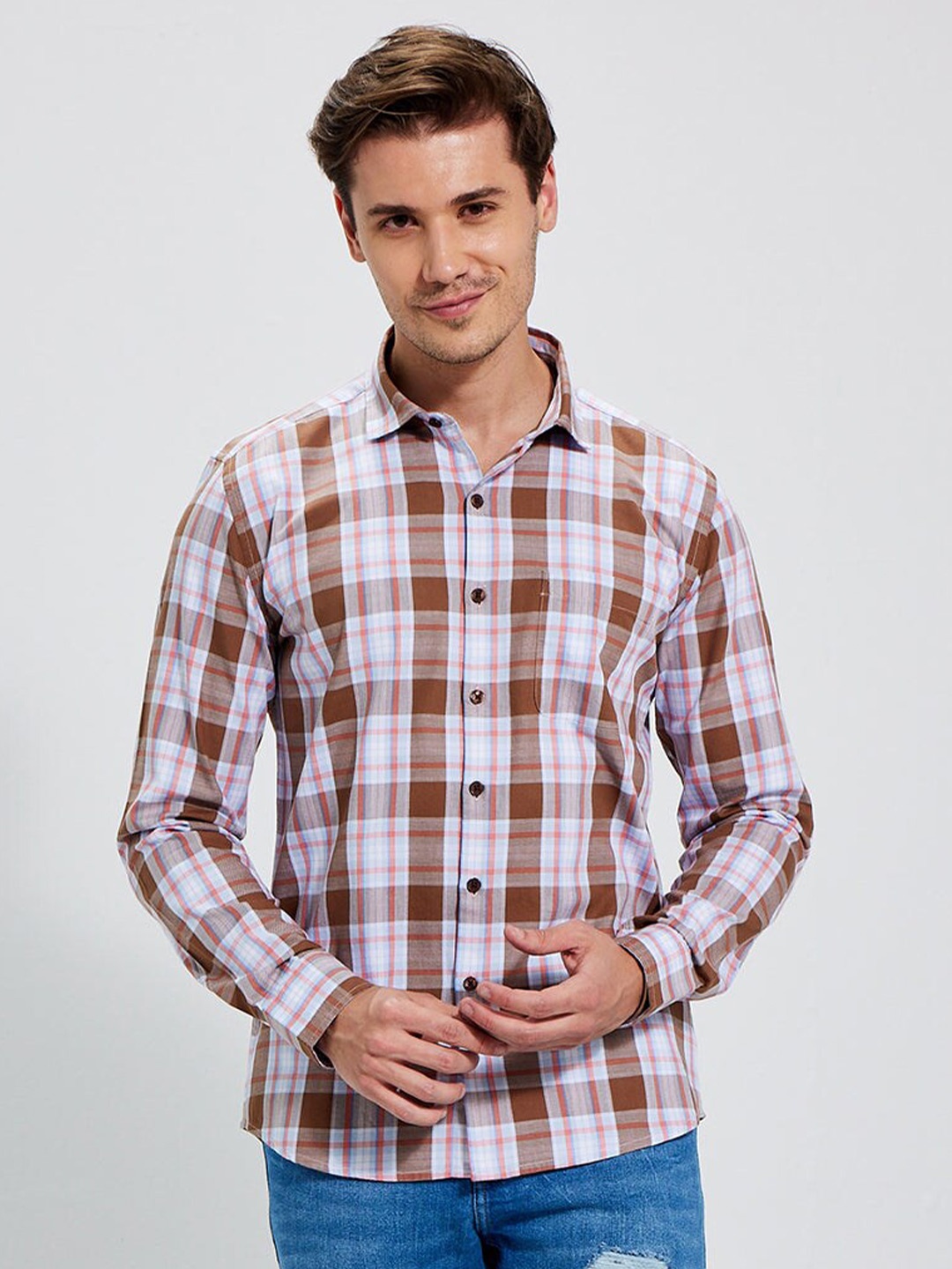 

Snitch Brown Tartan Checks Checked Classic Slim Fit Casual Shirt