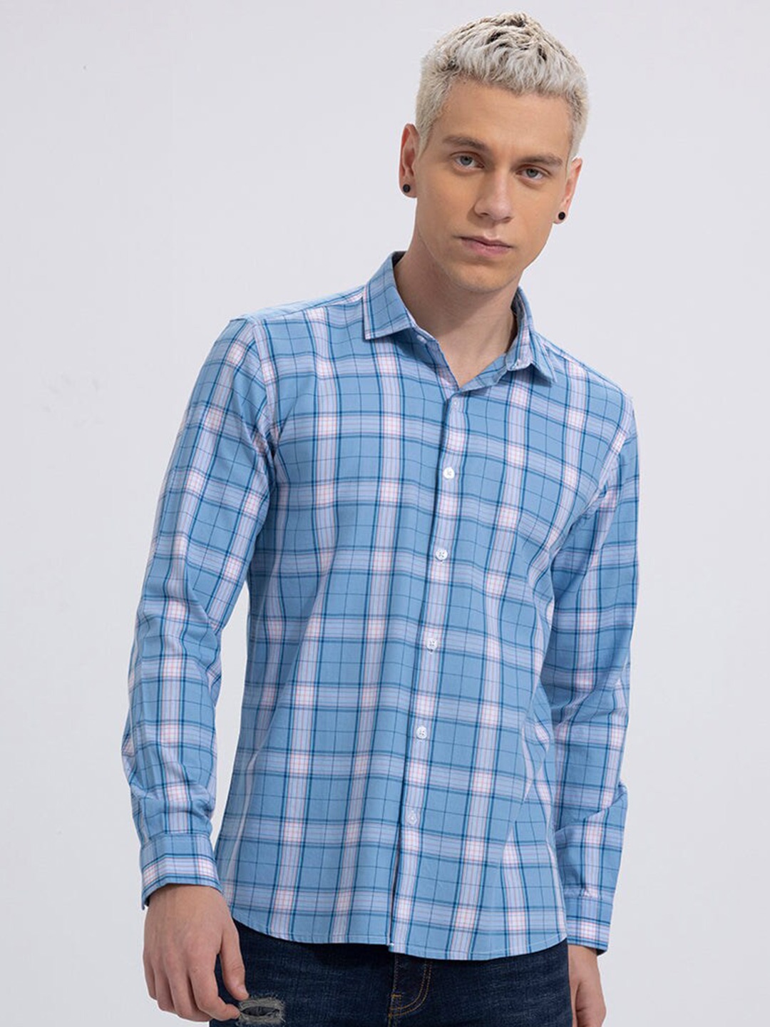 

Snitch Blue Tartan Checks Checked Classic Slim Fit Cotton Casual Shirt