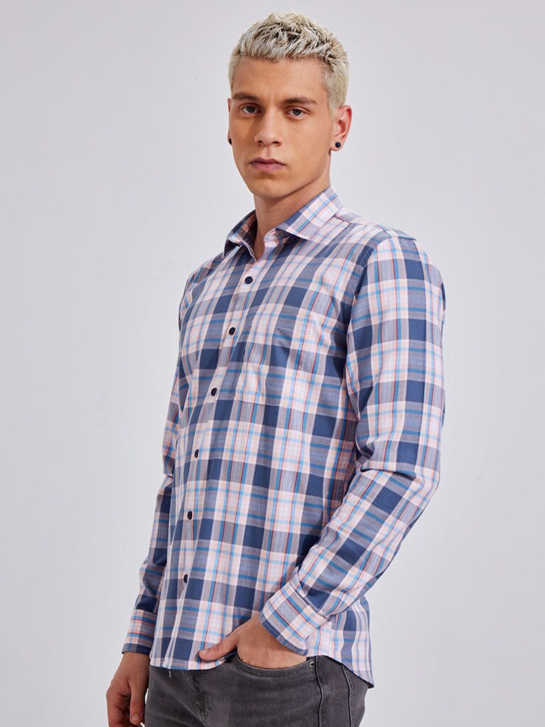 

Snitch Blue Tartan Checks Checked Classic Slim Fit Cotton Casual Shirt