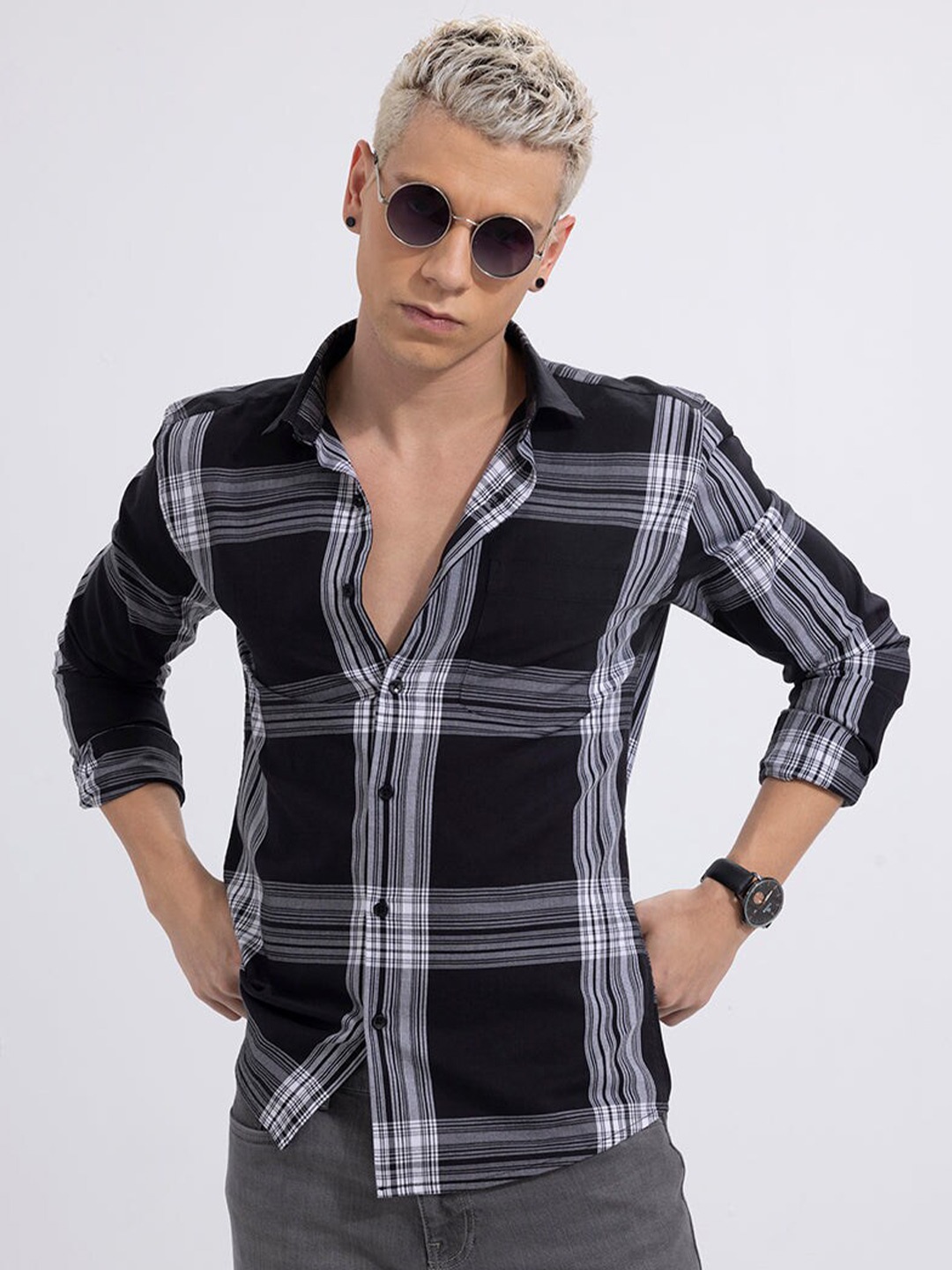 

Snitch Black Tartan Checks Checked Classic Slim Fit Cotton Casual Shirt