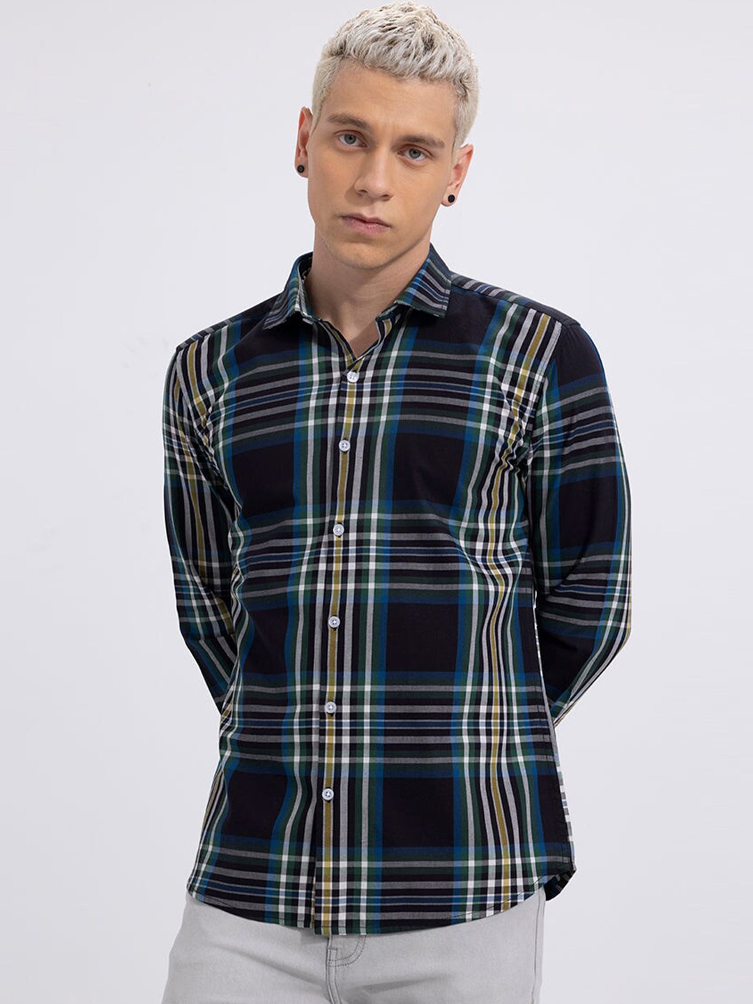 

Snitch Navy Blue Tartan Checks Checked Classic Slim Fit Cotton Casual Shirt
