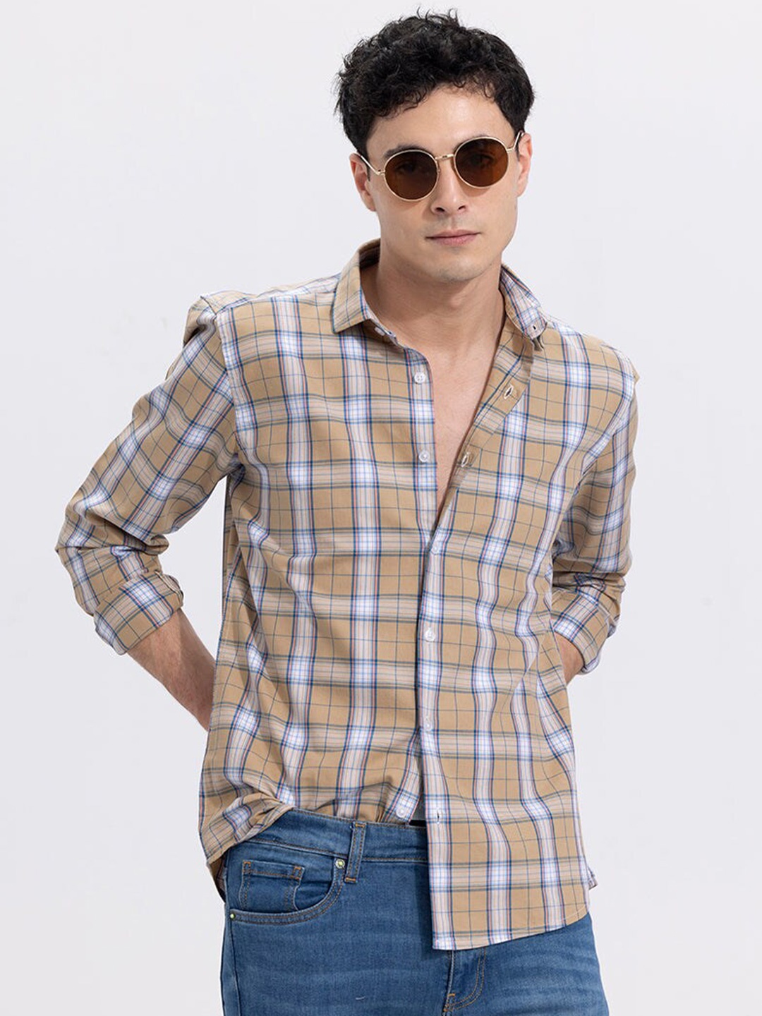 

Snitch Beige Tartan Checks Checked Classic Slim Fit Cotton Casual Shirt