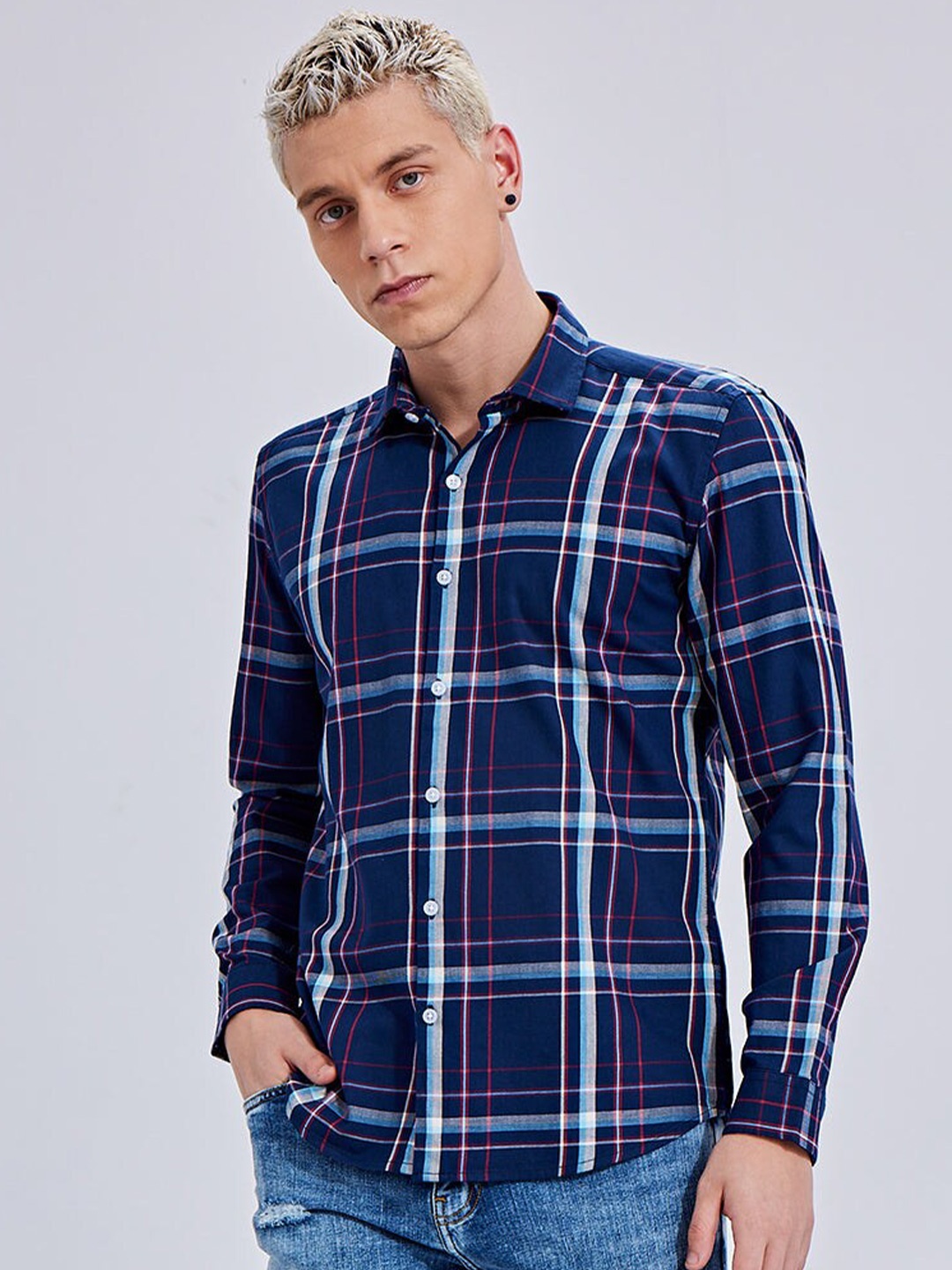 

Snitch Classic Slim Fit Tartan Checks Opaque Checked Pure Cotton Casual Shirt, Blue