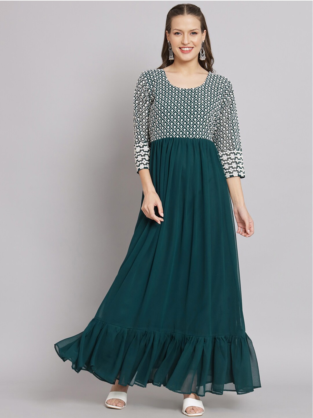 

Fabcartz Ethnic Motifs Embroidered Embroidered Detailed A-Line Ethnic Dress, Teal