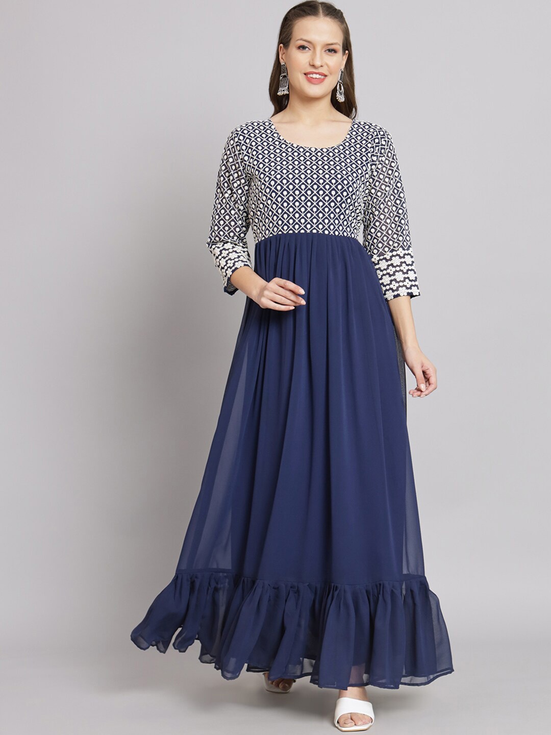 

Fabcartz Embroidered Gathered or Pleated Georgette Maxi Dress, Navy blue