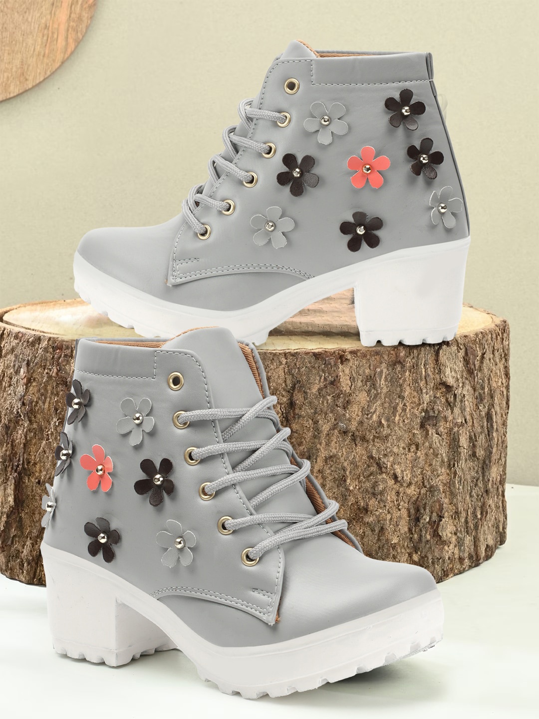 

Krafter Women Mid Top Embellished Platform Heeled Chunky Boots, Grey