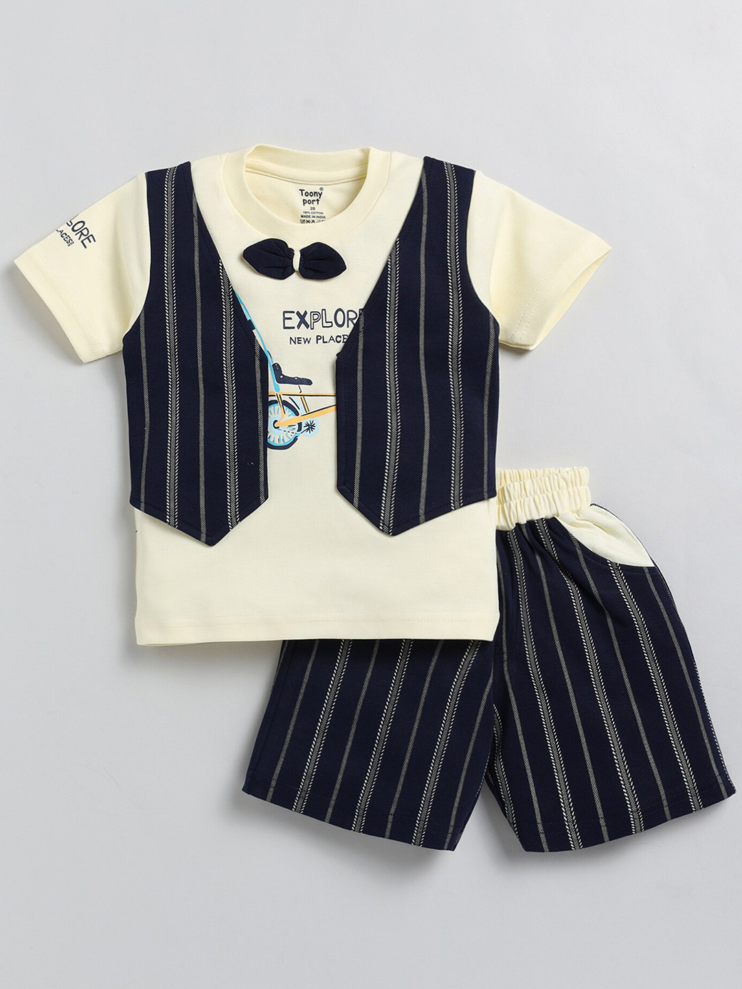 

Toonyport Boys Printed Pure Cotton T-shirt with Shorts And Waistcoat, Yellow