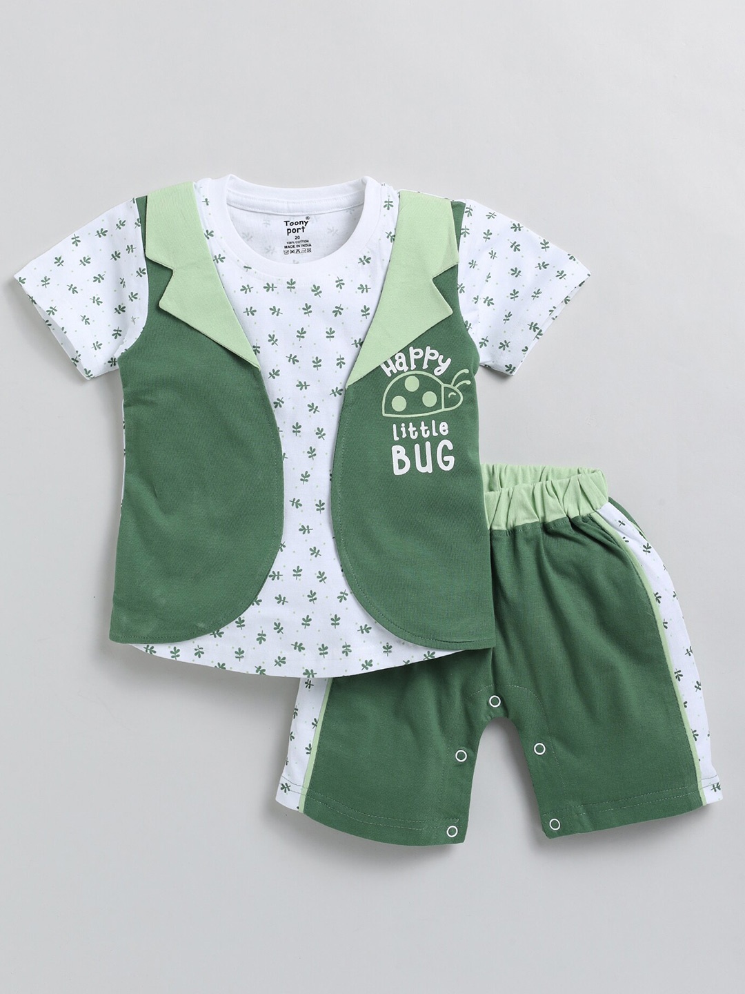 Toonyport Boys Printed T-shirt with Shorts And Waistcoat, Green