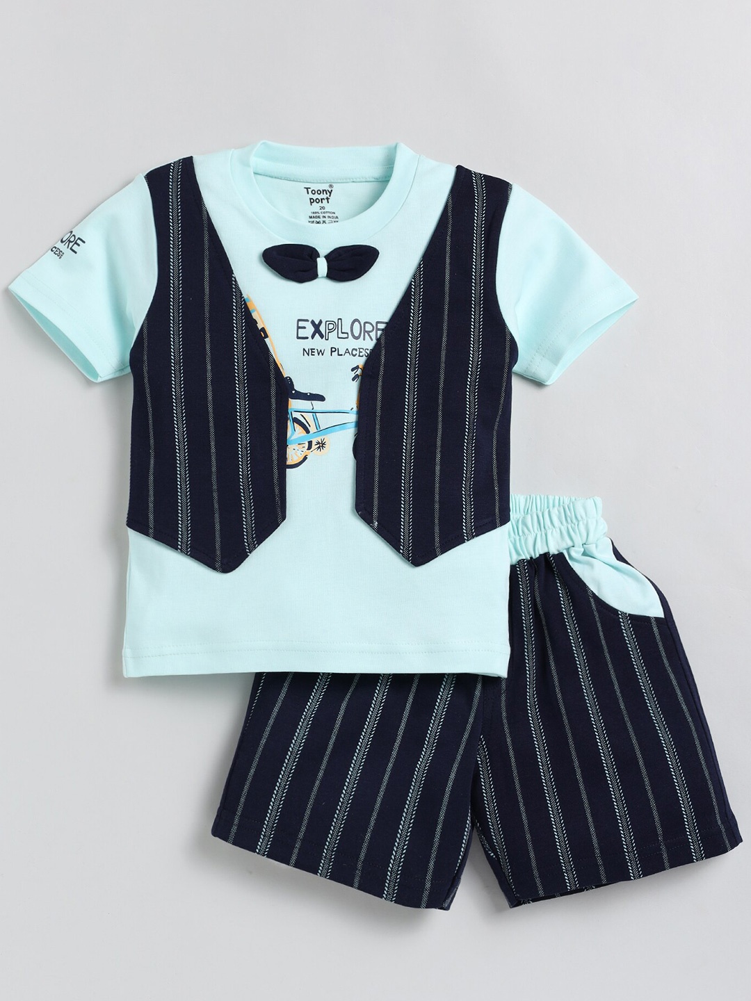 

Toonyport Boys Printed Pure Cotton T-shirt with Shorts And Waistcoat, Sea green