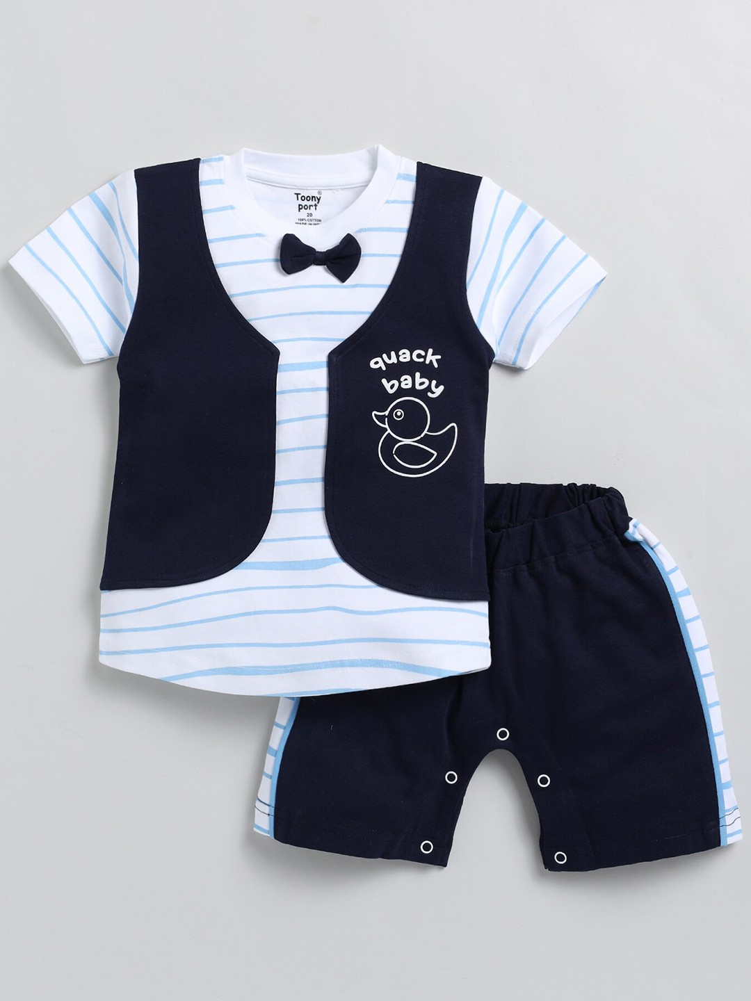 

Toonyport Boys Printed Pure Cotton T-shirt with Shorts And Waistcoat, Navy blue