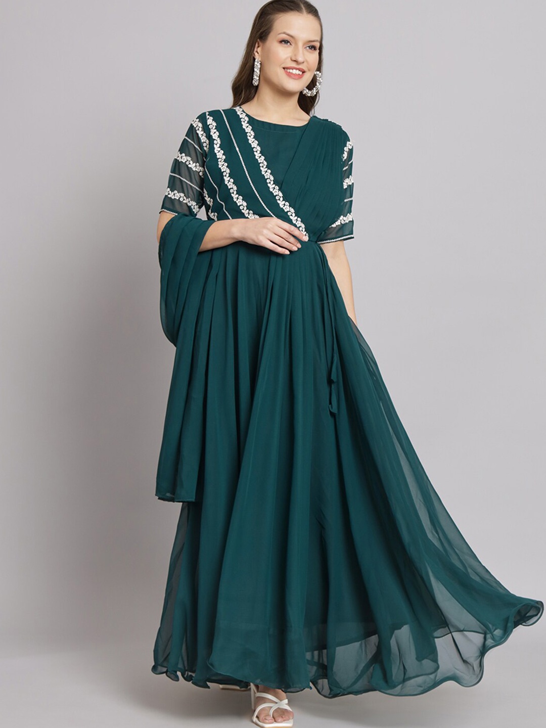 

Fabcartz Embroidered Georgette Fit and Flare Maxi Dress, Teal