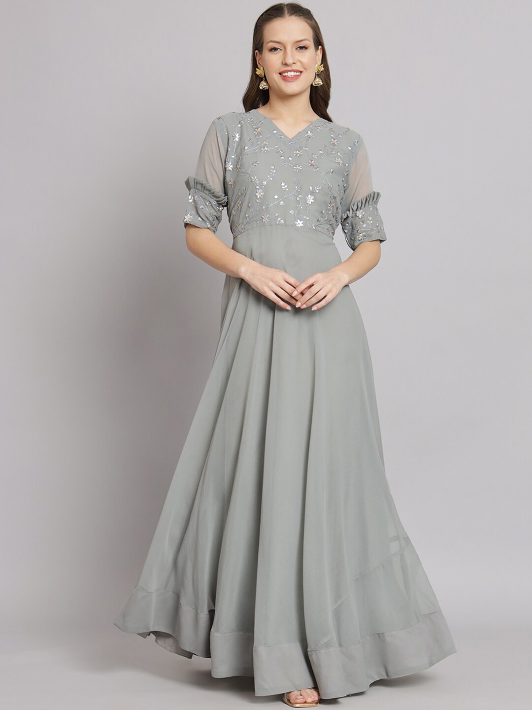 

Fabcartz Floral Embroidered V-Neck A-Line Ethnic Dress, Grey