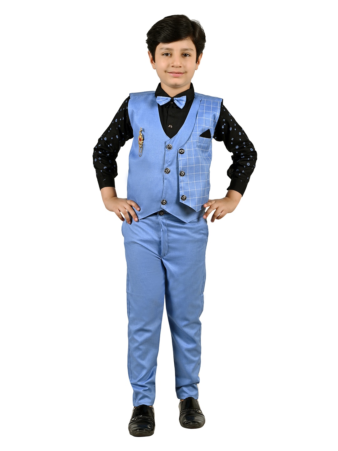 

BAESD Boys Checked Pure Cotton Waistcoat & Trouser With Shirt, Blue