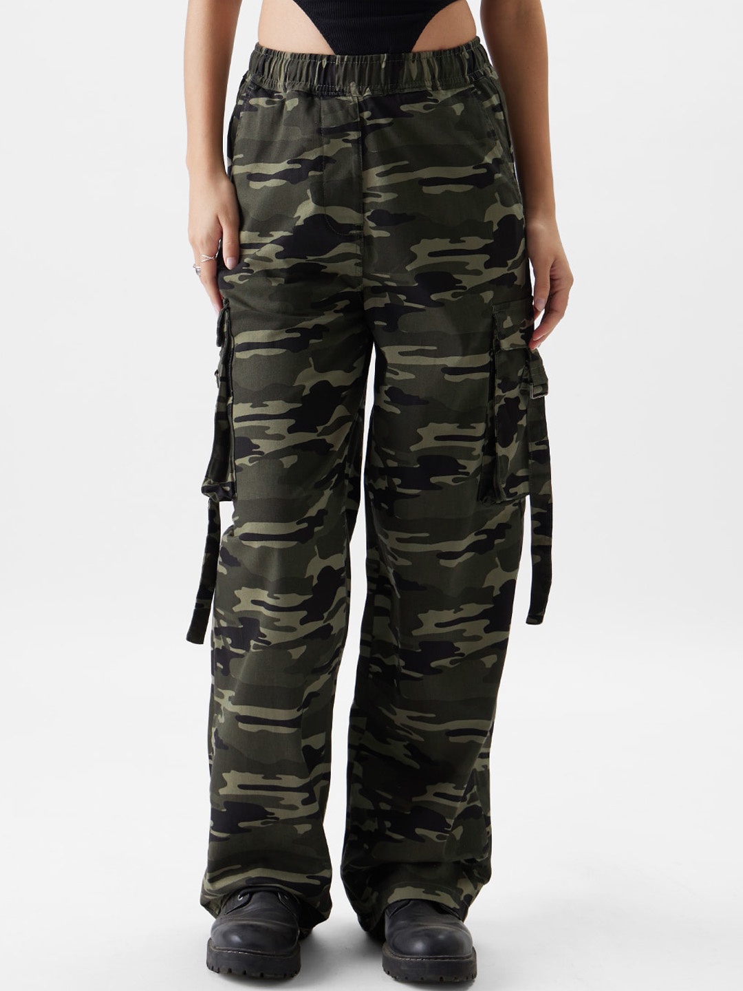 

The Souled Store Women Camouflage Printed Mid-Rise Cargos, Green