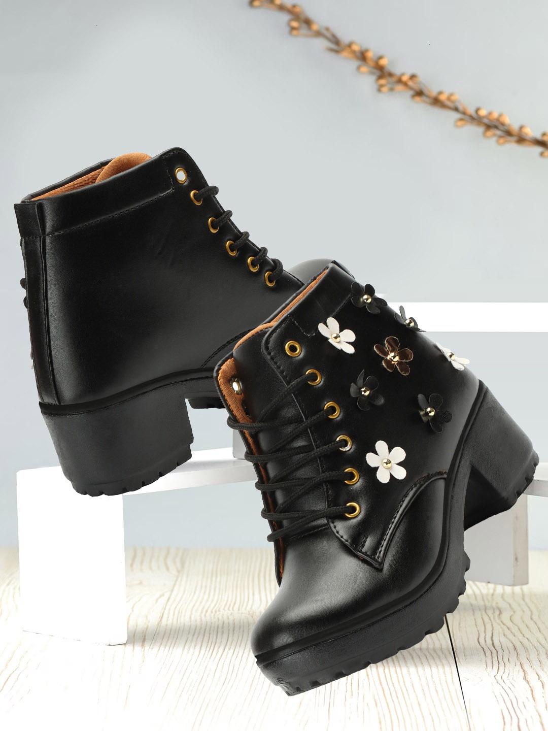 

Krafter Women Mid Top Embellished Platform Heeled Chunky Boots, Black