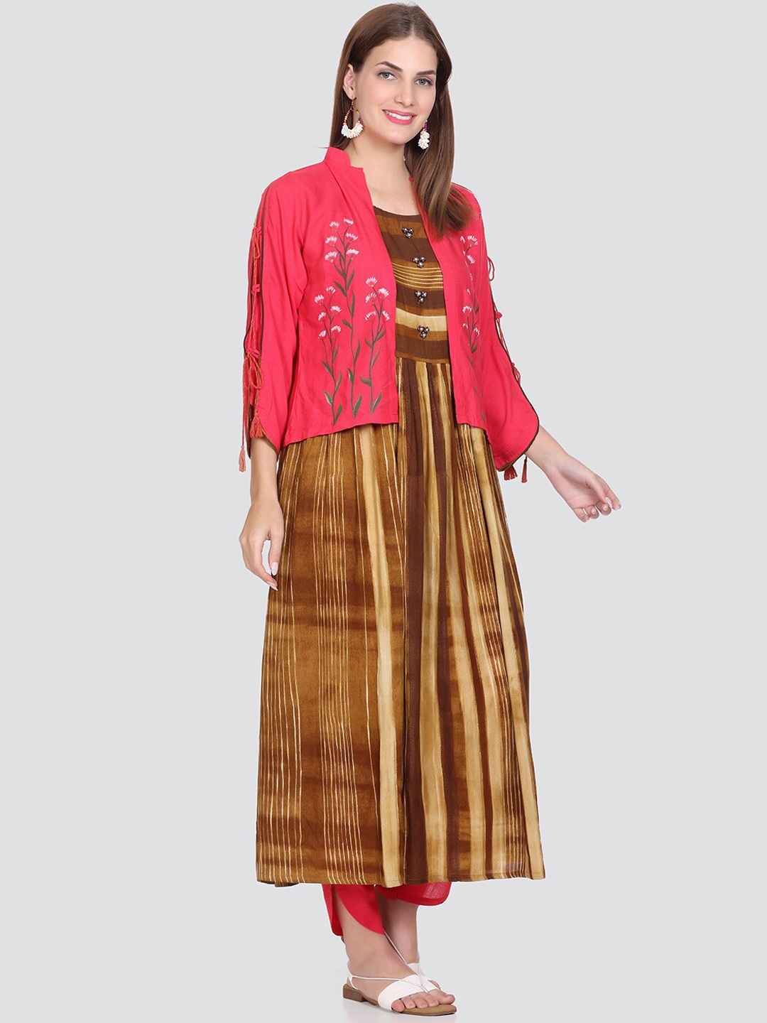 

Elthia Striped Empire Kurta with Palazzos & With Dupatta, Beige