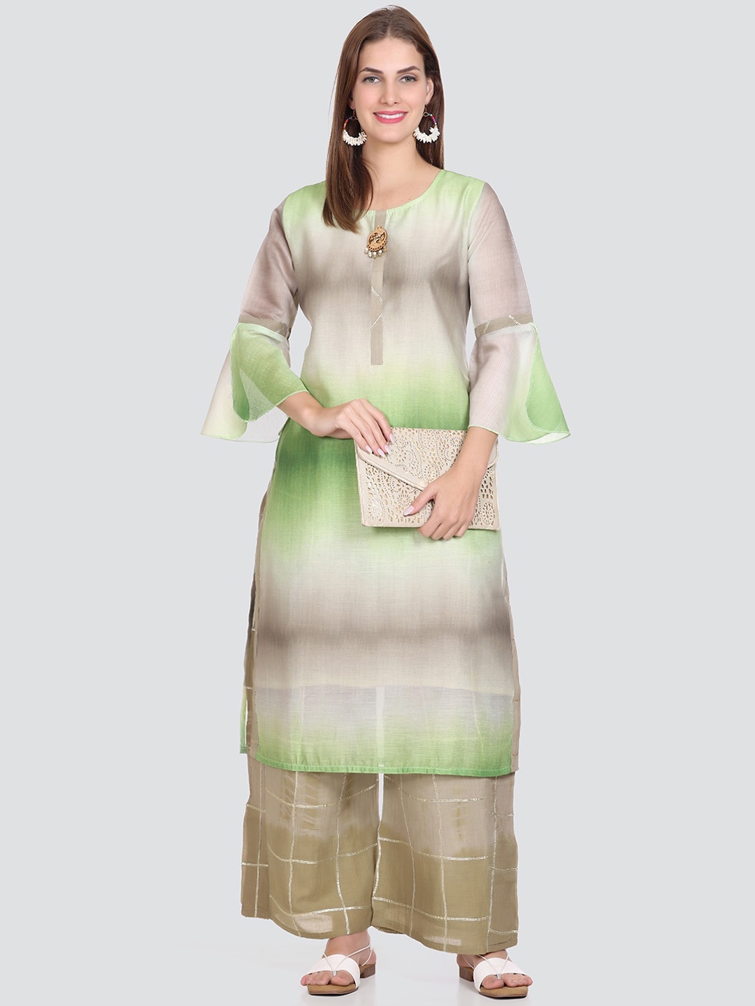 

Elthia Ombre Dyed Pure Silk Kurta With Palazzos & Dupatta, Green