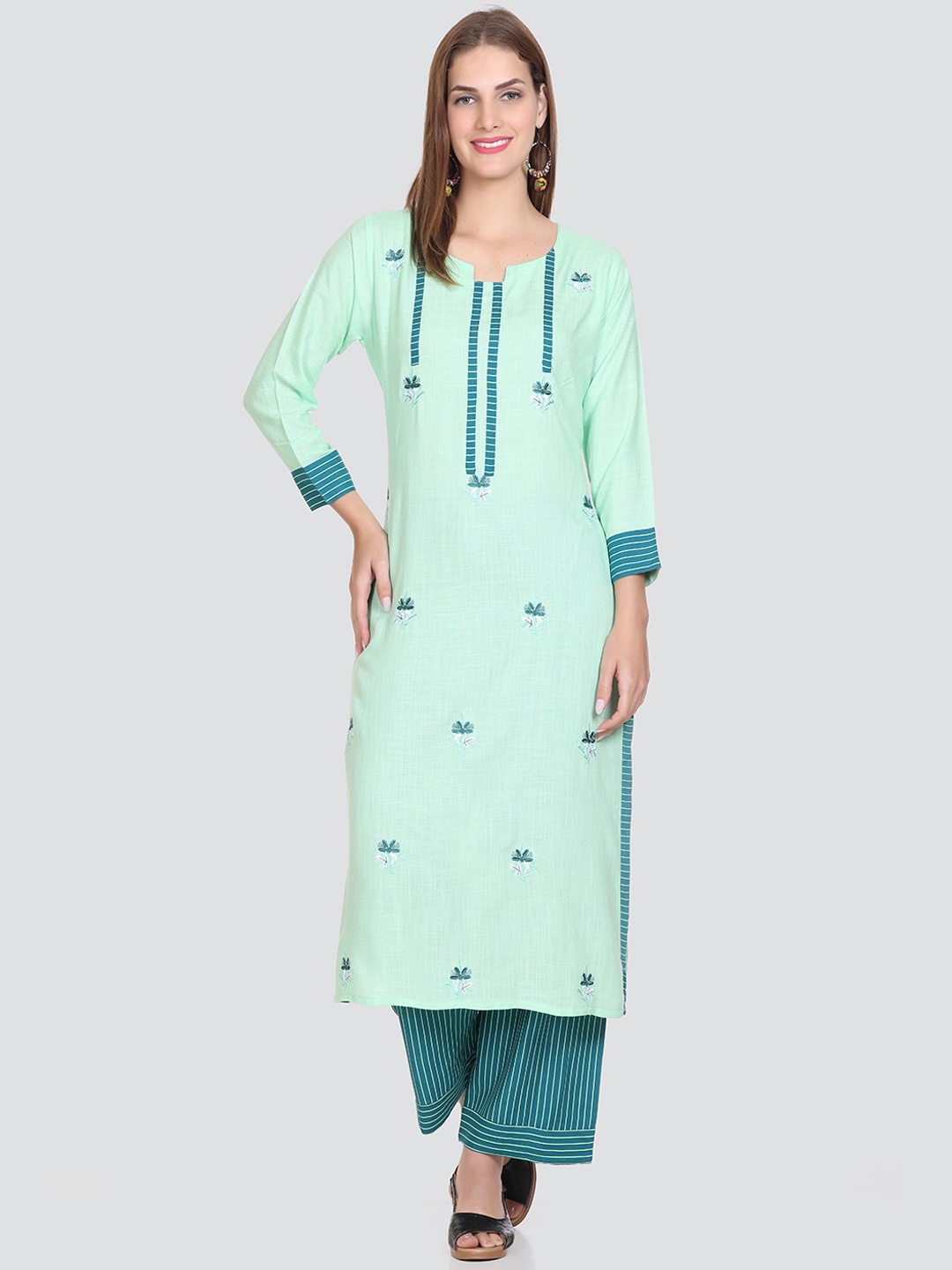 

Elthia Round Neck Ethnic Motifs Embroidered Regular Kurta with Trousers, Sea green