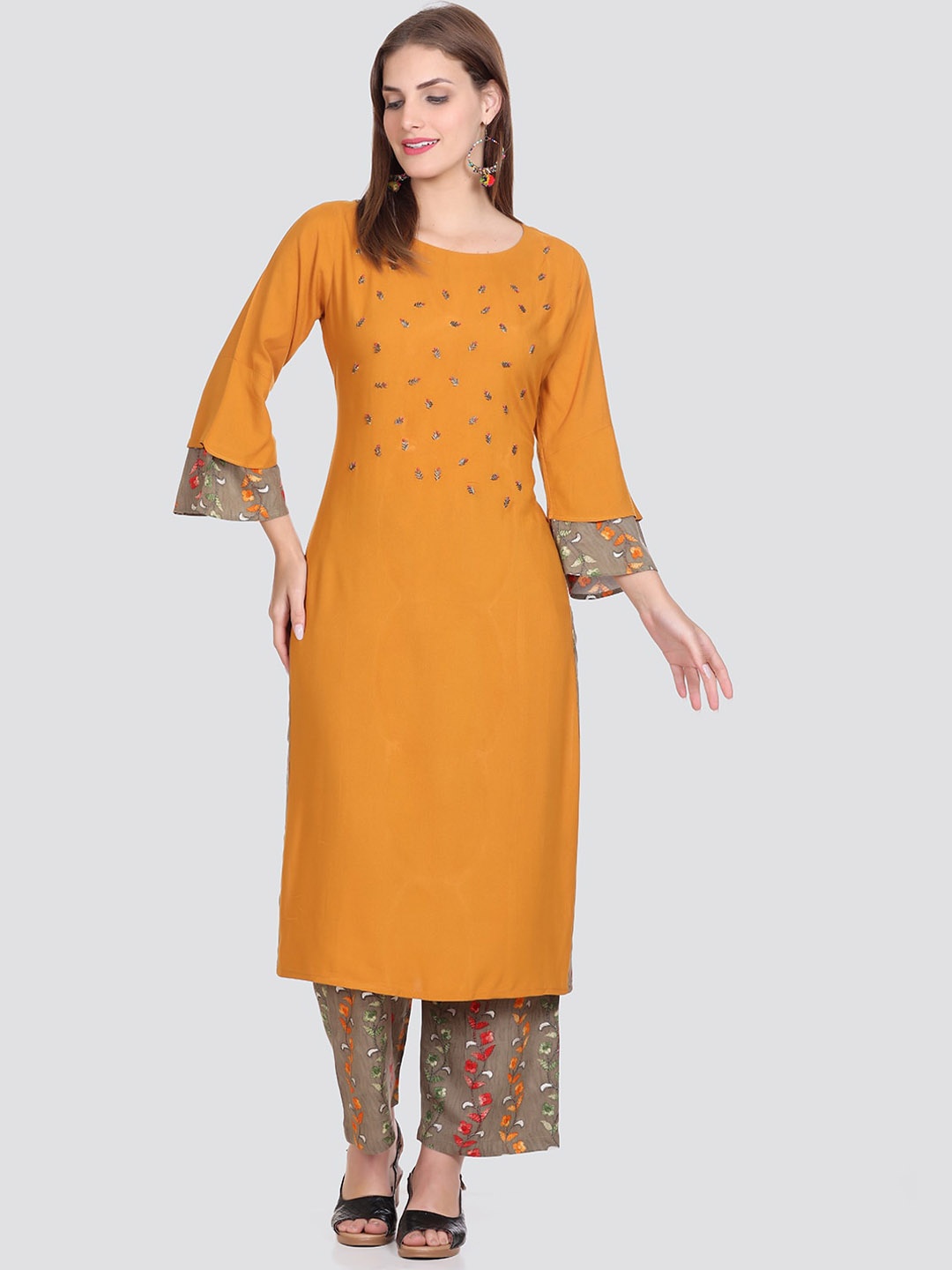 

Elthia Floral Embellished Regular Kurta with Palazzos, Mustard