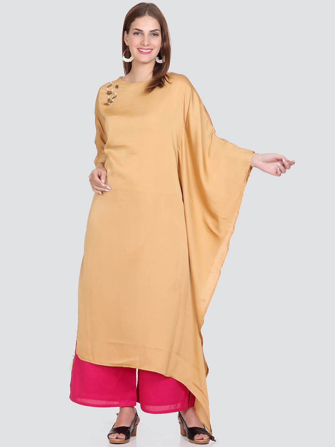 

Elthia Beads And Stones Pure Silk Kurta With Palazzos, Beige