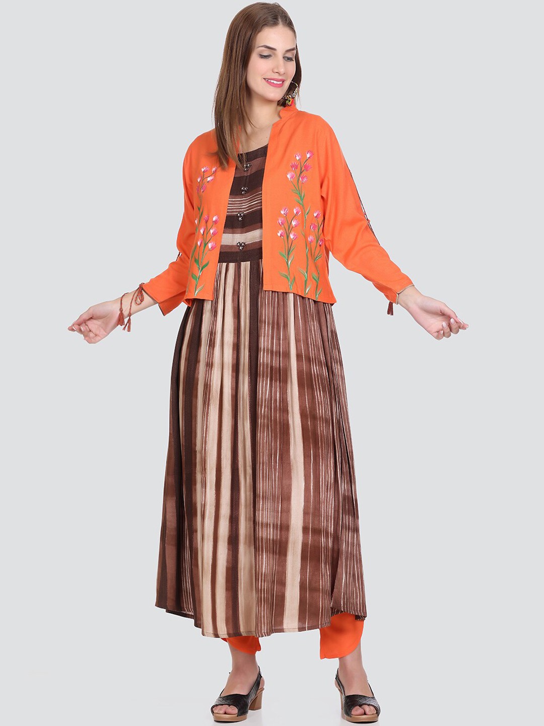 

Elthia Round Neck Striped Regular Kurta & Palazzos With Waist Coat, Orange