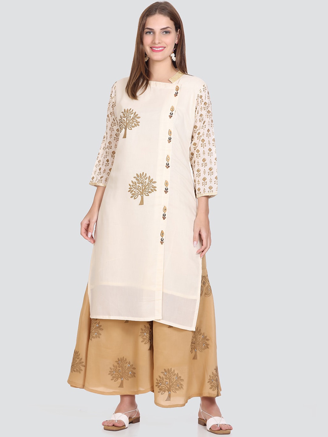 

Elthia Ethnic Motifs Printed Band Collar Beads and Stones Pure Cotton Kurta With Palazzos, Off white