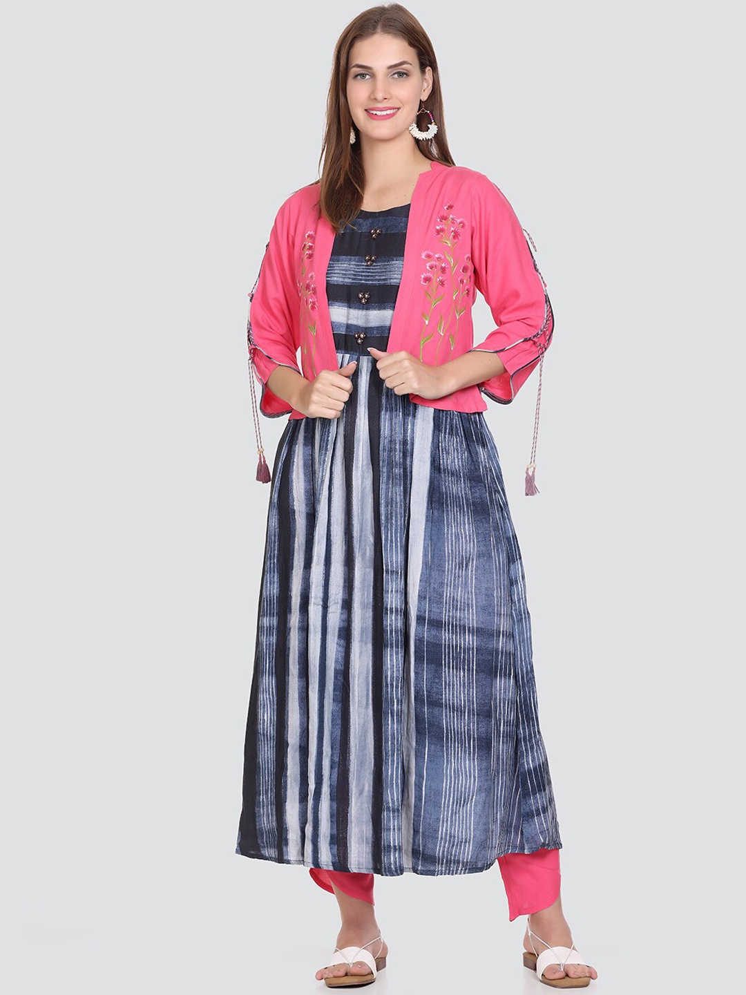 

Elthia Round Neck Striped Regular Kurta & Palazzos With Waist Coat, Navy blue