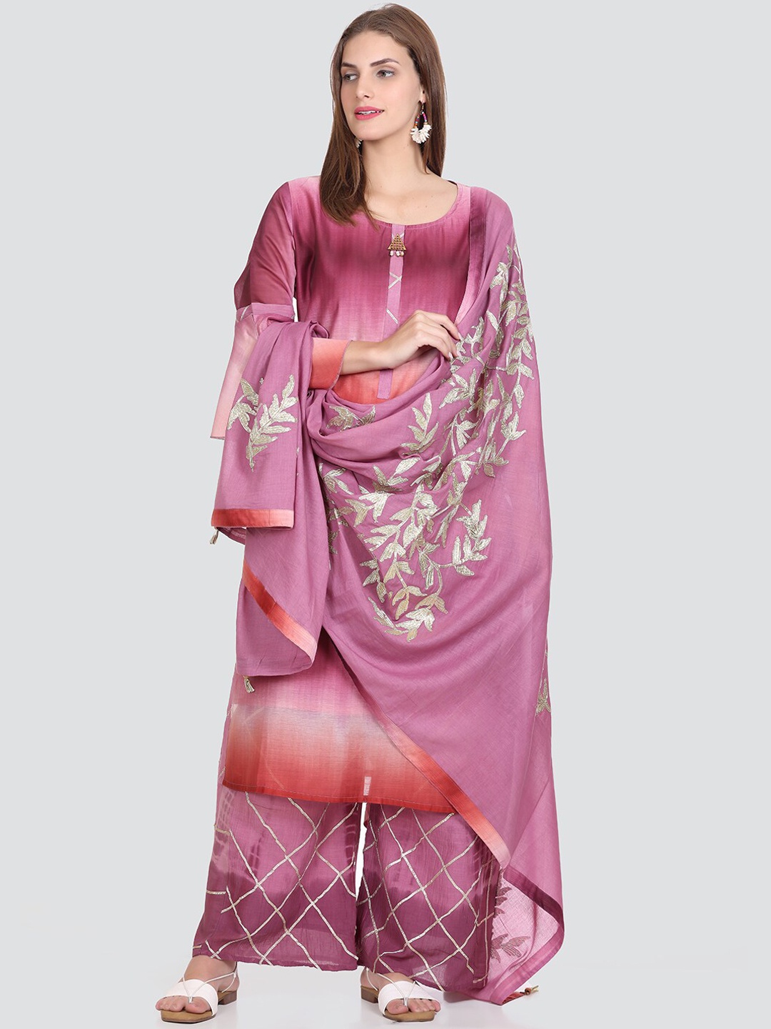 

Elthia Round Neck Ombre Dyed Regular Pure Silk Kurta & Palazzos With Dupatta, Pink