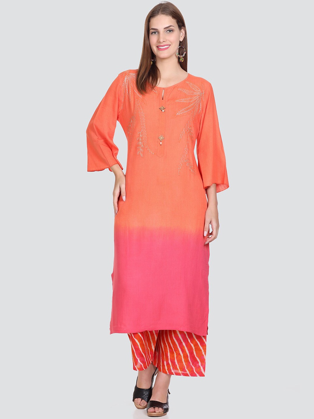 

Elthia Round Neck Floral Yoke Design Regular Thread Work Kurta with Palazzos, Orange