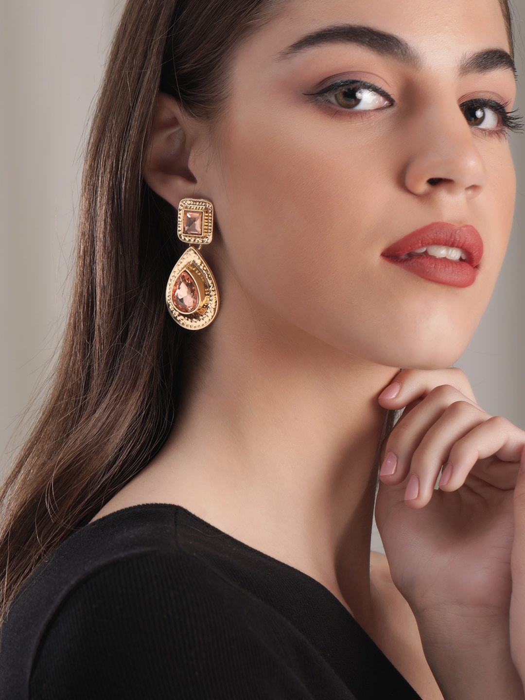 

Rubans Voguish Gold-Plated Cubic Zirconia Studded Geometric Drop Earrings