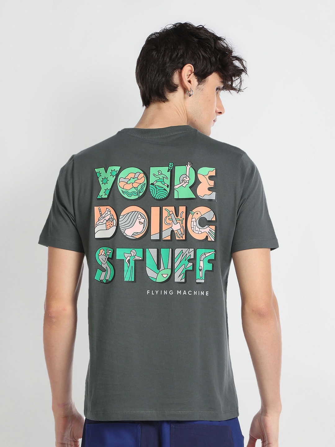 

Flying Machine Typography Printed Round Neck Pure Cotton T-shirt, Grey