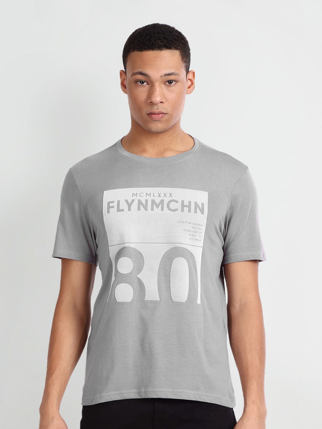 

Flying Machine Typography Printed Pure Cotton T-shirt, Grey