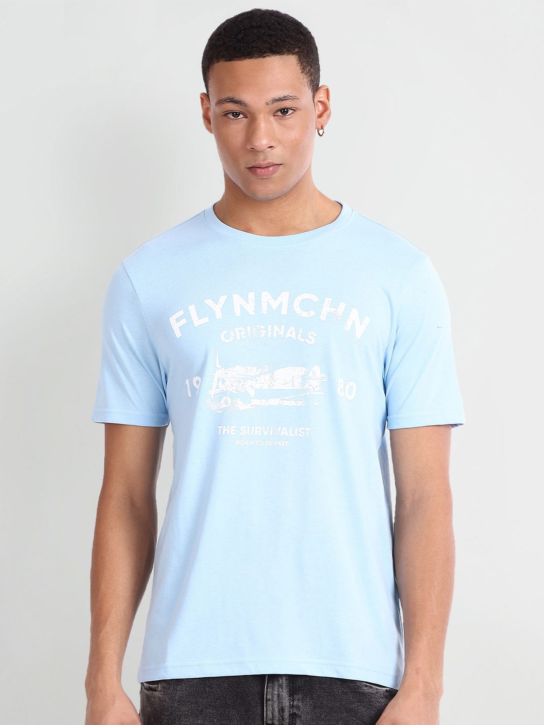 

Flying Machine Typography Printed Short Sleeves Pure Cotton T-shirt, Blue