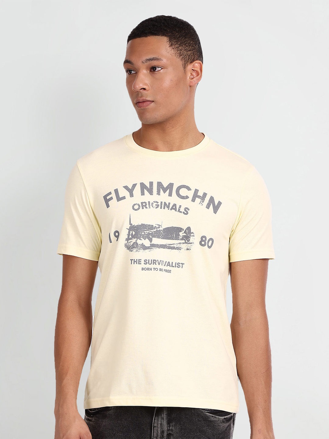 

Flying Machine Typography Printed Short Sleeves Pure Cotton T-shirt, Yellow