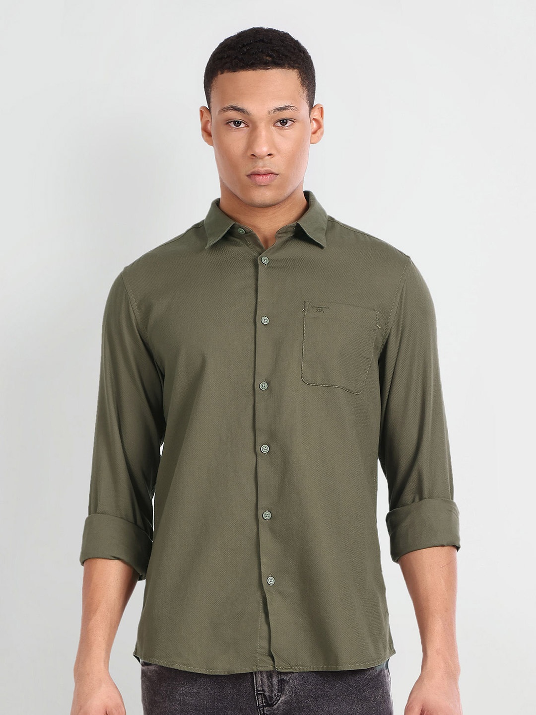 

Flying Machine Spread Collar Slim Fit Pure Cotton Casual Shirt, Green