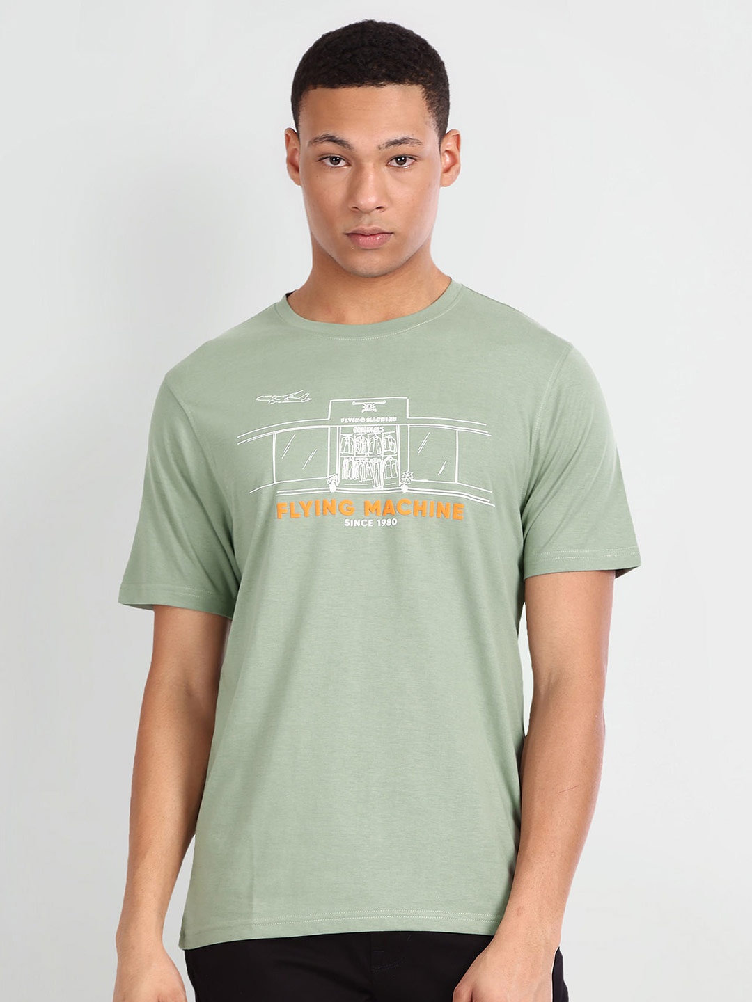 

Flying Machine Graphic Printed Short Sleeves Pure Cotton T-shirt, Green